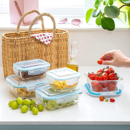 10-Piece Borosilicate Glass Food Storage Set with Leak-Proof Snap-Lock Lids – Airtight, BPA-Free, Freezer, Microwave, and Oven Safe (Glass Only) – Stackable and Nestable Design