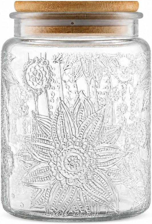 Vintage Glass Jar with Lid, 23.7Oz Airtight Glass Food Storage Container for Kitchen Counter, Pantry, Decorative Jar for Coffee, Tea, Sugar, Cute Jar