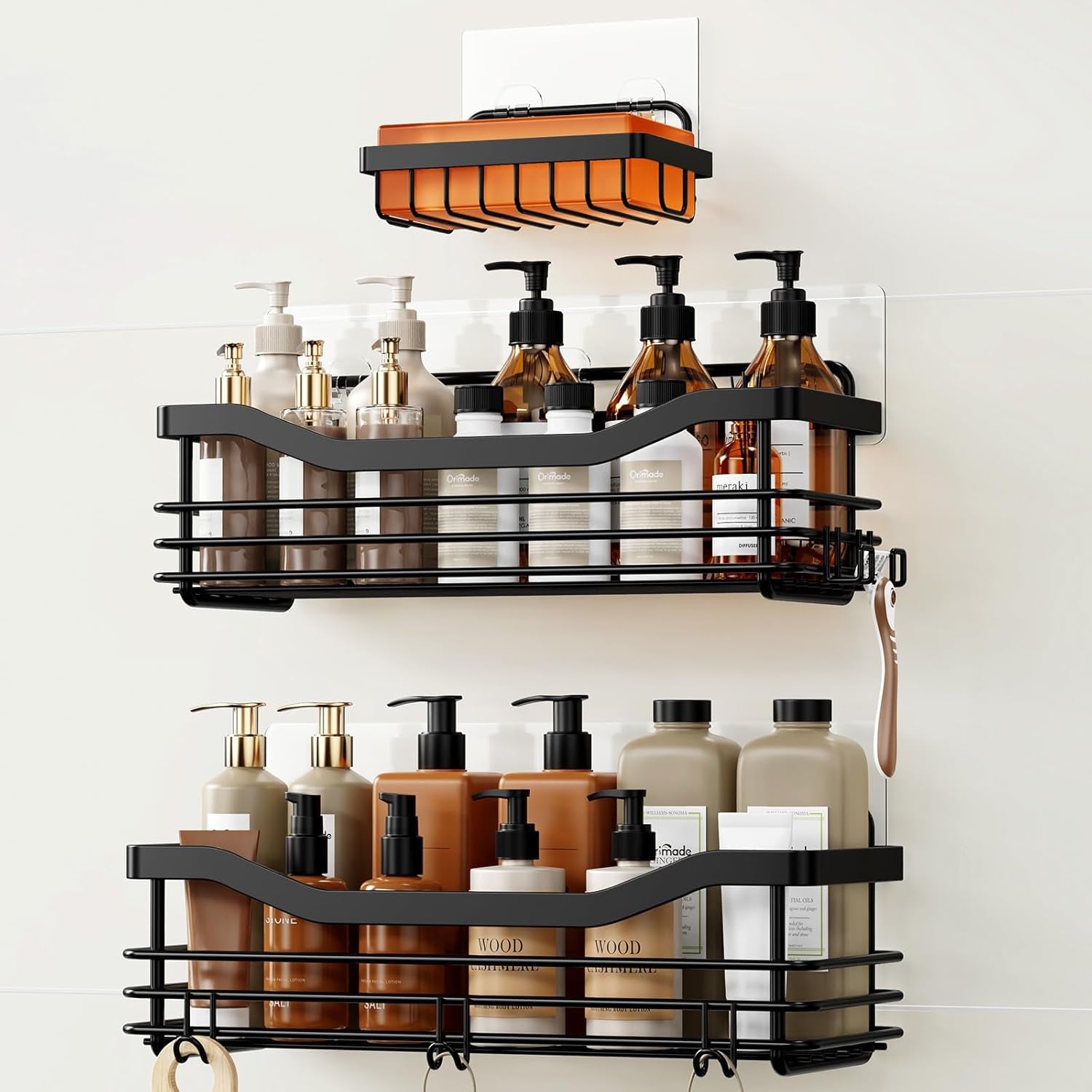 Shower Caddy Basket with Soap Dish Holder and 5 Hooks - Wall-Mounted Adhesive Bathroom Organizer Shelf