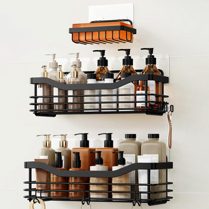 Shower Caddy Basket with Soap Dish Holder and 5 Hooks - Wall-Mounted Adhesive Bathroom Organizer Shelf