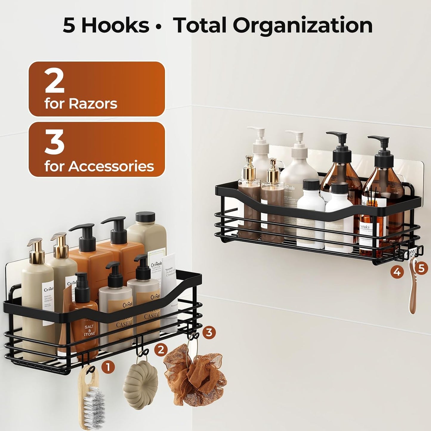 Shower Caddy Basket with Soap Dish Holder and 5 Hooks - Wall-Mounted Adhesive Bathroom Organizer Shelf