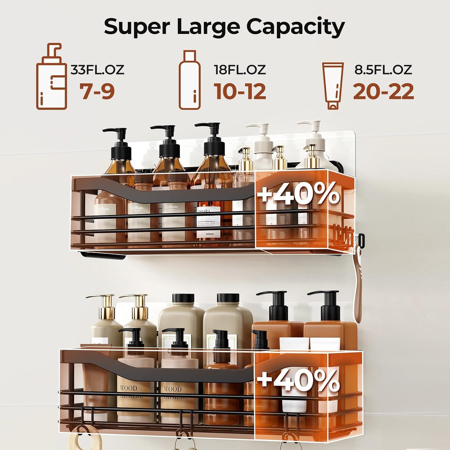 Shower Caddy Basket with Soap Dish Holder and 5 Hooks - Wall-Mounted Adhesive Bathroom Organizer Shelf