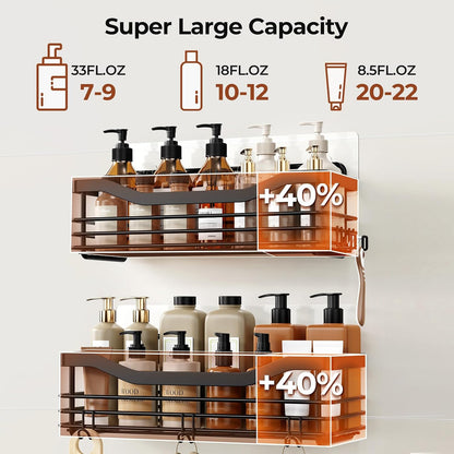 Shower Caddy Basket with Soap Dish Holder and 5 Hooks - Wall-Mounted Adhesive Bathroom Organizer Shelf