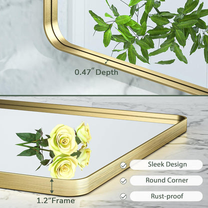 Gold Bathroom Mirror - 24 X 36 Inch Metal Rounded Corner Rectangle Mirror - Hangs Horizontal or Vertical - Rustic Finish