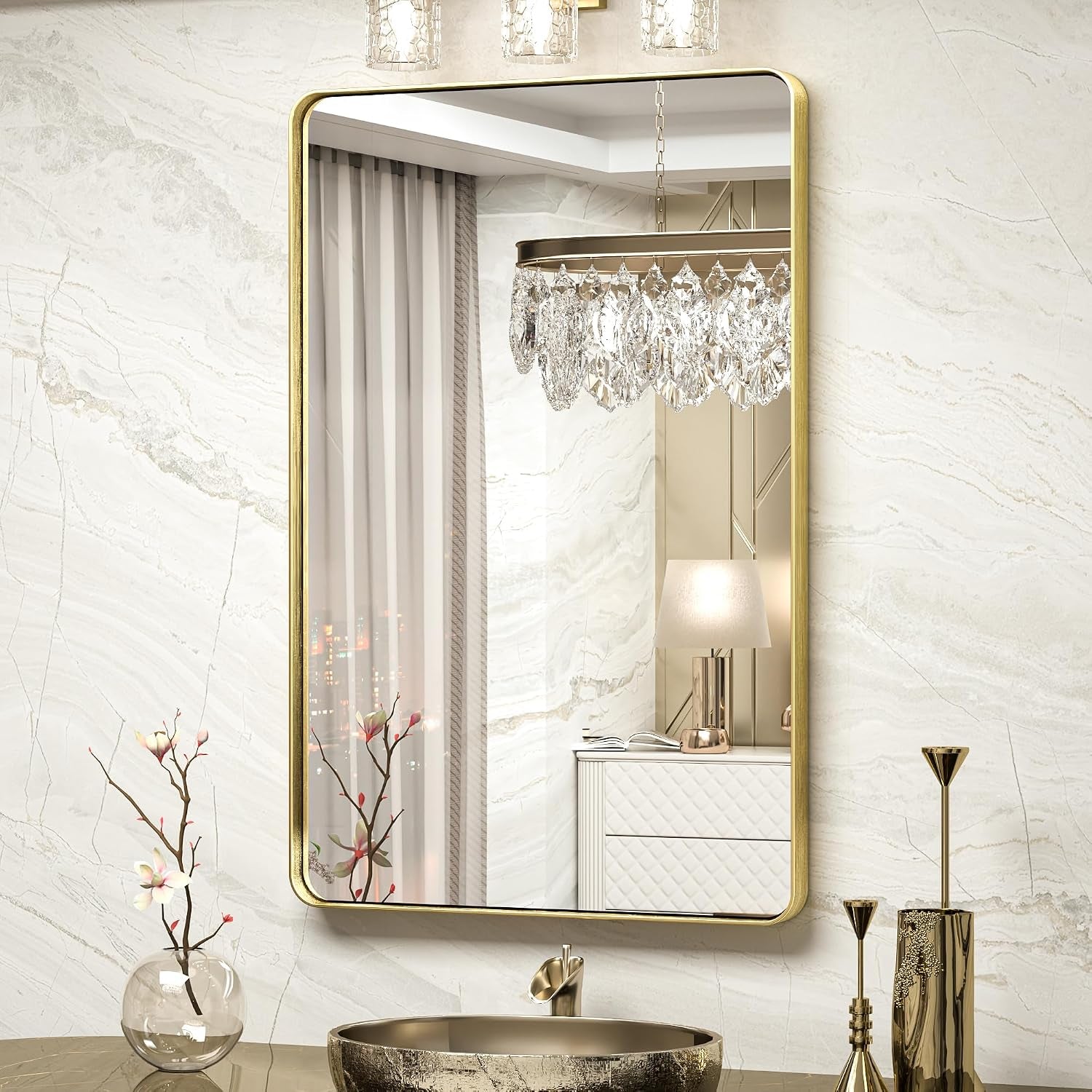 Gold Bathroom Mirror - 24 X 36 Inch Metal Rounded Corner Rectangle Mirror - Hangs Horizontal or Vertical - Rustic Finish