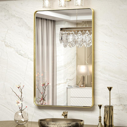 Gold Bathroom Mirror - 24 X 36 Inch Metal Rounded Corner Rectangle Mirror - Hangs Horizontal or Vertical - Rustic Finish