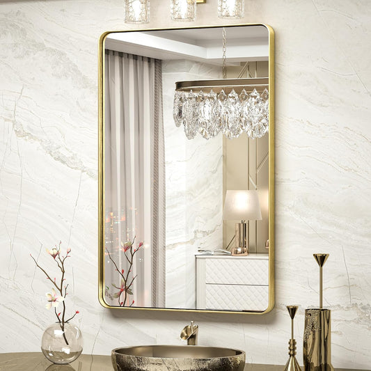 Gold Bathroom Mirror - 24 X 36 Inch Metal Rounded Corner Rectangle Mirror - Hangs Horizontal or Vertical - Rustic Finish